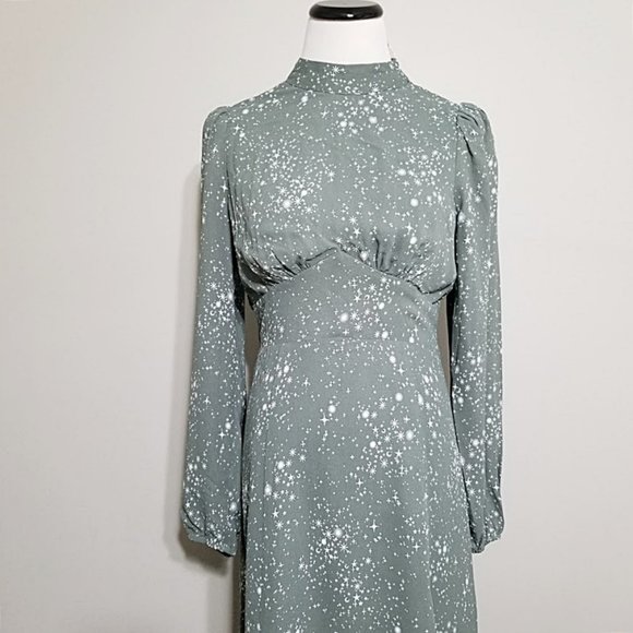 New FOREVER 21 Midi Dress Size S Womens Open Back Split Slit Leg Celestial Print - Picture 2 of 14